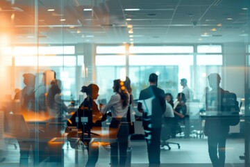 Poster - Business professionals engage in a meeting within a contemporary office space, highlighted by the warm tones and glass reflections