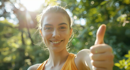 Wall Mural - Portrait of a happy young woman doing a thumbs up with copy space, wearing sportswear and smiling while showing a hand gesture in nature.