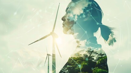 Poster - Double exposure graphic of business people working over wind turbine farm and green renewable energy worker interface Concept of sustainability development by alternative energy : Generative AI