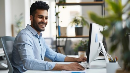 Leinwandbilder - Smiling young middle eastern businessman sitting at worktable at modern office typing on computer keyboard sending emails to his business partners working on marketing research copy sp : Generative AI