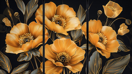 Canvas artwork with three panels. The artwork has a dark backdrop with golden flowers.