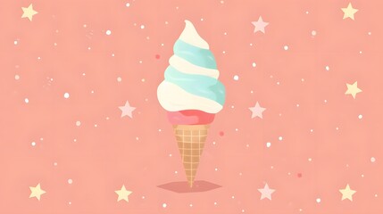 Colorful Soft Serve Ice Cream Cone Illustration with Stars on Pink Background Perfect for Dessert Menu Designs and Food Blogs