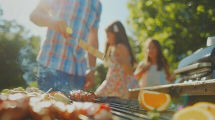 Wall Mural - Close-up of father and daughter in the backyard preparing a family barbecue.