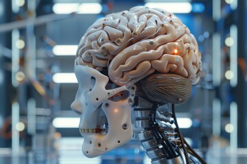 Poster - A robotic figure with an artificial brain is showcased in a futuristic laboratory setting