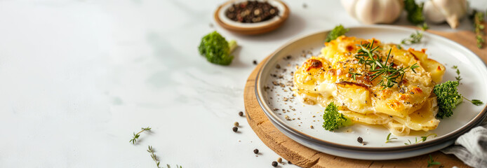 Baked gratin of potatoes, broccoli and romanesco with cream and mustard sauce banner. potato casserole with cream, gratin dauphinois, French cuisine. Restaurant menu, recipe. Copy space