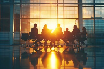 Wall Mural - Silhouettes of a business team in a meeting during sunrise or sunset with a panoramic office window in the background