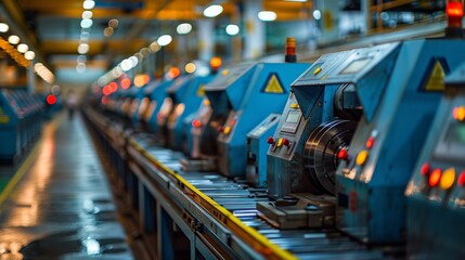 Wall Mural - Long row of blue machines with glowing indicators lined up in an industrial manufacturing plant