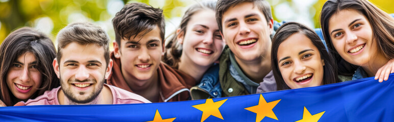 group of happy young people with eu flag