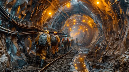 A group of miners equipped with gear trudging through a muddy tunnel with cables and lights overhead