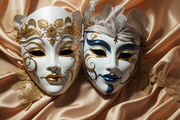 Two chic Asian theater masks with emotions on their faces are lying on beige satin fabric