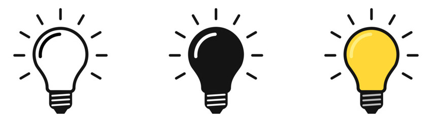 light bulb icon set. idea icon. lamp concept. light bulb, isolated in modern outline, flat, and colo