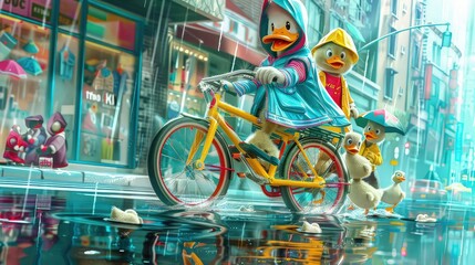 Wall Mural - A cartoon duck and ducklings pedaling through a rainy cityscape on a shiny yellow bicycle, with colorful raincoats and puddles reflecting their fun ride.