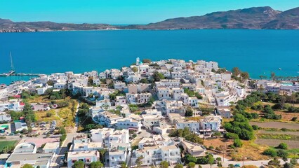 Sticker - Adamas white city buildings. Milos island Greece tourism background