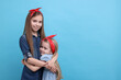 © New Africa - Cute little sisters on light blue background, space for text
