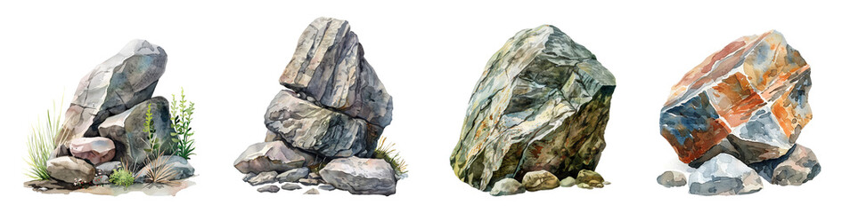 Watercolor, Rock stone, isolated, PNG set