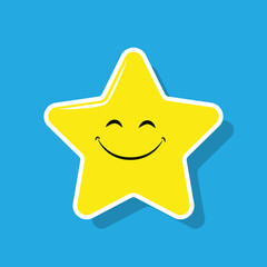 Poster - Cute smiling star emoji. Glossy star sticker isolated on Blue background.