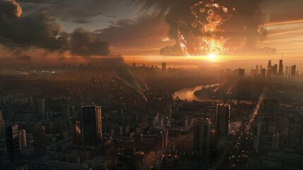 Wall Mural - Massive atomic explosion devastates sprawling megalopolis, catastrophic consequences unfold