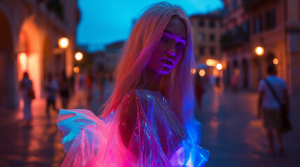 Wall Mural - Beautiful blonde woman wearing an avantgarde neon pastel dress made of sheer fabric that lights up with bioluminescence, the light is reflected on her face and hair in a dark square