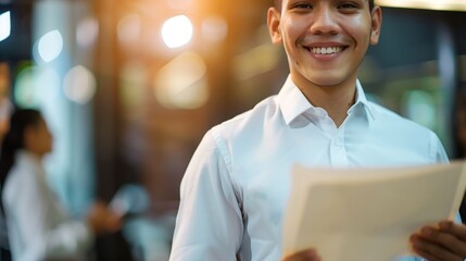 hispanic businessman holding papers hands and smilingyoung team of coworkers making great business d