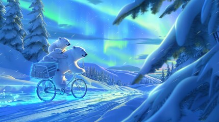 Wall Mural - A cartoon polar bear and cub on a snow-white bicycle gliding over a snowy path under the northern lights, the bike glowing with icy blue hues.