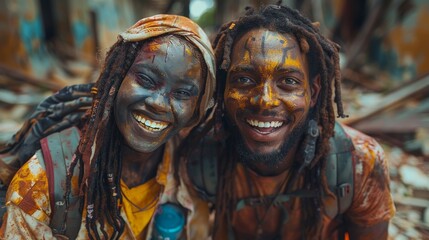 Two joyful people with backpacks have their faces covered in colorful paint, smiling brightly