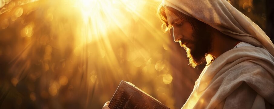 Bible Jesus Christ a closeup image of Jesus Christ gently holding a lamb with a beautiful sunset and a warm glow over the scene with space in the left for copy space
