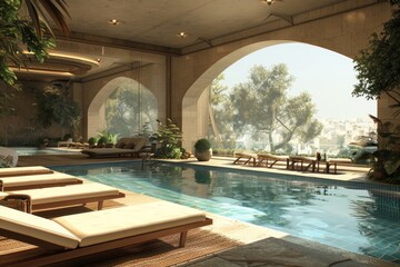 Wall Mural - Poolside Lounge Area with Sun Loungers and Shade

