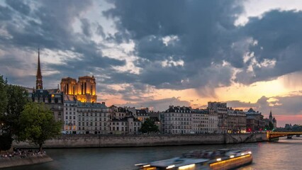 Wall Mural - Notre Dame de Paris with Le Pont D'Arcole bridge after sunset day to night transition timelapse, Paris, France, Europe. People and boats. Colorful sky at summer day with reflection on river Seine