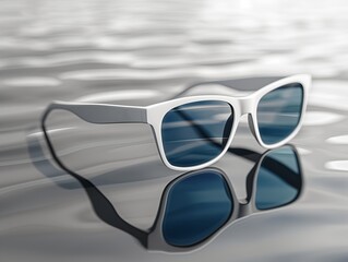 Mockup of blank white sunglasses on a reflective surface with copy space