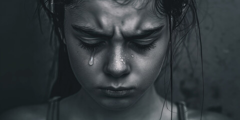 Sorrowful young girl eyes closed with tears streaming down her face.
