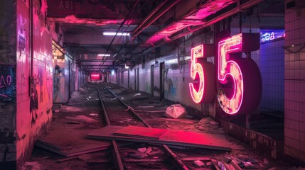 Canvas Print - A subway station with graffiti on the walls and a neon sign that says 5