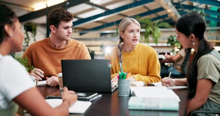 Poster - University, students and friends in discussion for studying, education or learning knowledge on laptop together. Team, college and group of people writing notes for test, exam or creative research