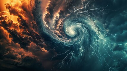 A swirling storm of clouds with a bright orange and blue center