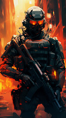 Wall Mural -  dark silhouette of Navy SEAL holding a Rifle with dramatic light