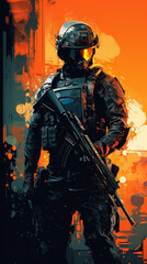 Wall Mural -  dark silhouette of Navy SEAL holding a Rifle with dramatic light