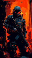 Wall Mural -  dark silhouette of Navy SEAL holding a Rifle with dramatic light