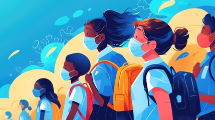 In the new normal of the COVID 19 pandemic a diverse group of school kids along with their dark skinned female teacher are heading back to school They are all wearing medical face masks and