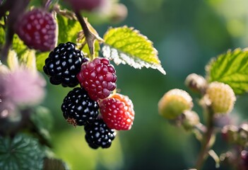 Wall Mural - AI-generated illustration of Ripe raspberries, red and black, basking in sunlight on tree branches