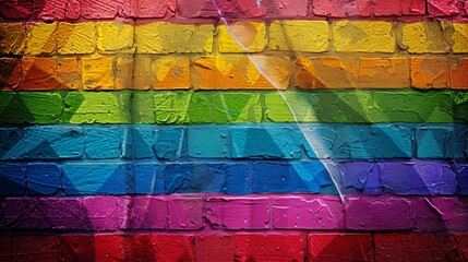 Wall Mural - A graffiti wall, vibrant LGBTQ-themed graffiti art, various colors and styles, large pride flag painted centrally. Urban background with city elements. Sharp details of the graffiti, vibrant lighting