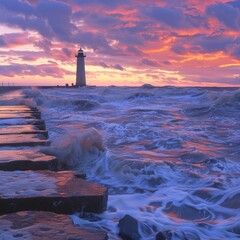 Wall Mural - Dramatic sunset over a stormy ocean with waves crashing against rocks and a lighthouse in the distance.