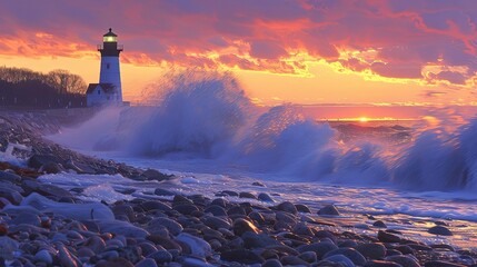 Wall Mural - Stunning coastal sunset with crashing waves, rocky shore, and a lighthouse illuminated in the distance, capturing the serene beauty of the ocean.