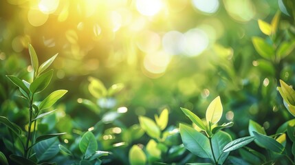 beautiful natural spring summer defocused background with fresh lush foliage and bokeh in nature.