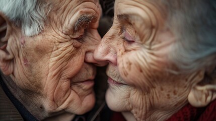 Wall Mural - A close-up of two senior citizens, a man and a woman, sharing a tender kiss on the cheek. Their faces are etched with wrinkles and their eyes twinkle with love and affection.