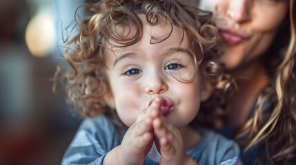 A photo of a young child playfully blowing a kiss goodbye to their parent at daycare. The child's expression is full of innocence and joy.