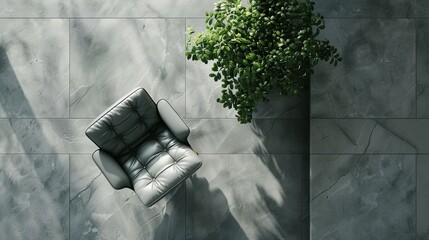 Wall Mural - modern grey leather chair with vase of plant on terrace, top view