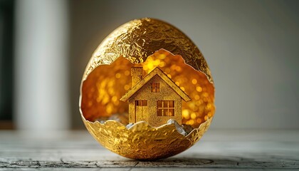 Sticker - golden house icon in the inside of a broken egg with space for text isolated on a white background 