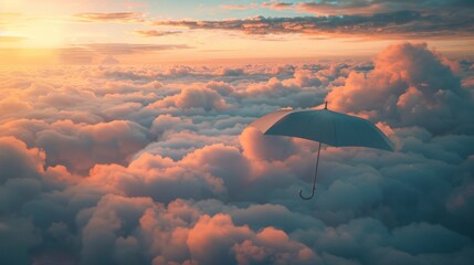 Wall Mural - A white umbrella is flying through the sky above a cloudy, hazy day