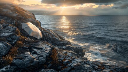 Wall Mural - A white umbrella is sitting on a rock near the ocean