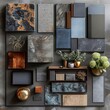 ©  Green Creator - Luxury material mood board for restaurant interior proposal Dark Industrial moody academic concept Minimal accents of Blue and Rust Minimal amount of Artfully arranged samples of D