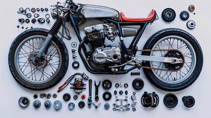 Top view of a set of motorcycle parts. Disassembled motorcycle on a light background